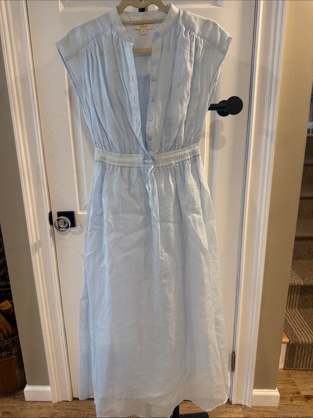 Elan Light Blue Cap-Sleeve Button-Front Maxi Dress with Drawstring Waist